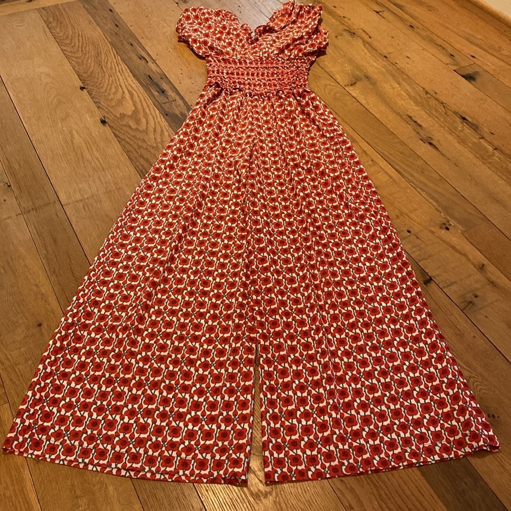 Max Studio Wide Leg Double V Rouched Shoulder Smocked Waist Pull On Red Poppy XS - Picture 9 of 9